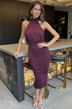 Plum Halter Neck Ruched Bodycon Midi Dress