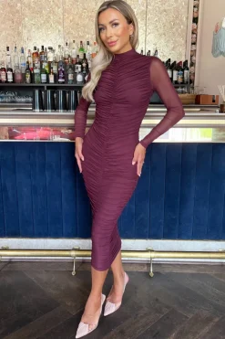 Plum High Neck Long Sleeve Ruched Bodycon Mesh Midi Dress