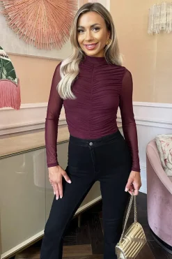 Plum High Neck Long Sleeve Ruched Mesh Bodysuit