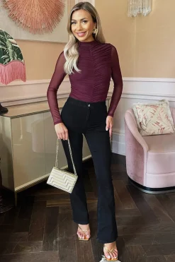 Plum High Neck Long Sleeve Ruched Mesh Bodysuit