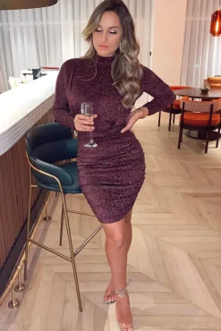 Plum High Neck Ruched Sparkle Dress