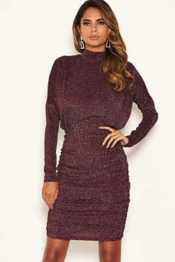 Plum High Neck Ruched Sparkle Dress