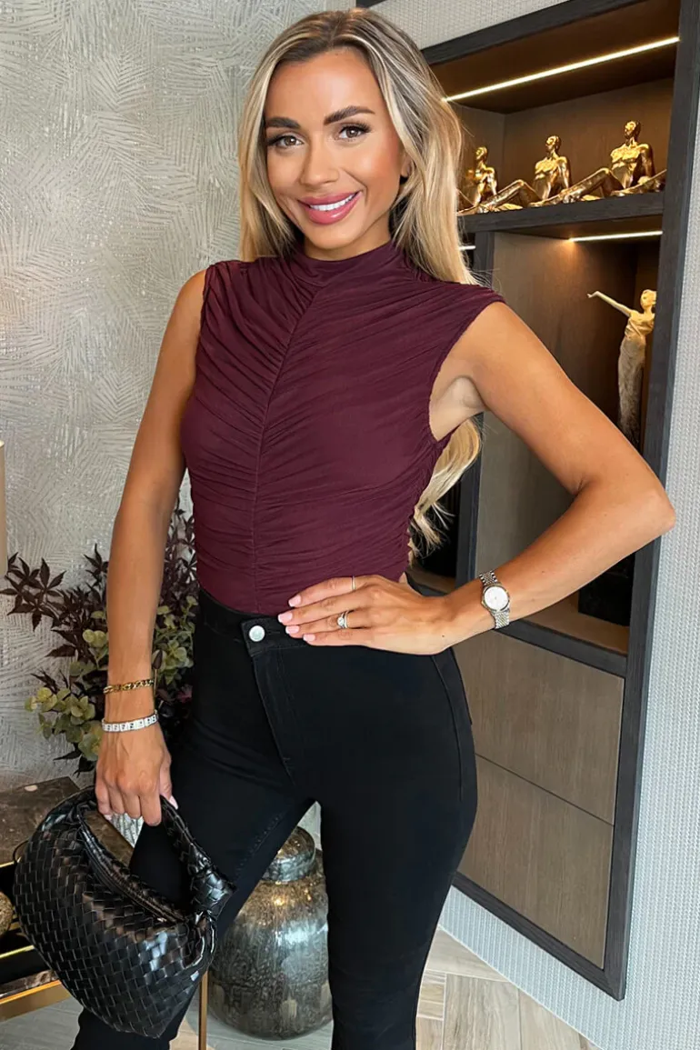 Plum High Neck Sleeveless Ruched Mesh Bodysuit