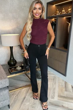 Plum High Neck Sleeveless Ruched Mesh Bodysuit