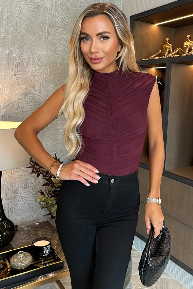Plum High Neck Sleeveless Ruched Mesh Bodysuit