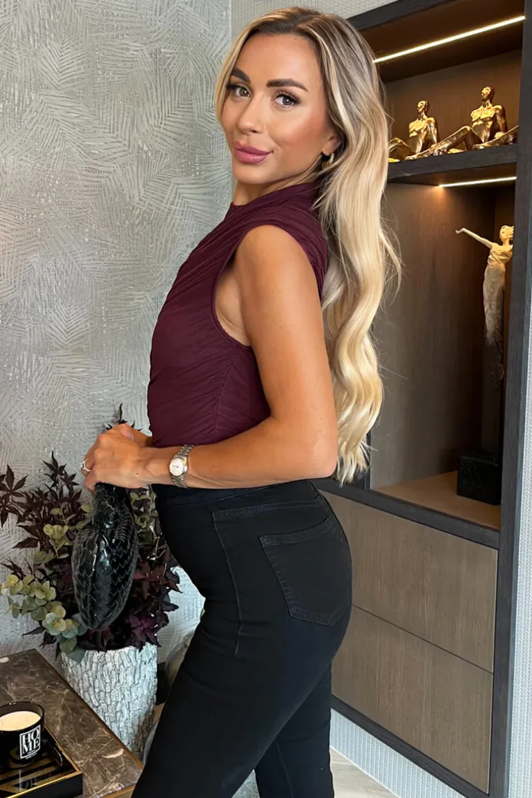 Plum High Neck Sleeveless Ruched Mesh Bodysuit