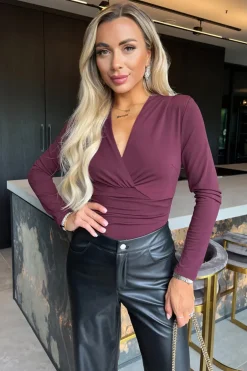 Plum Long Sleeve Drape Waist Wrap Bodysuit