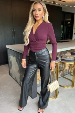 Plum Long Sleeve Drape Waist Wrap Bodysuit