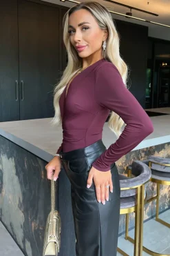 Plum Long Sleeve Drape Waist Wrap Bodysuit