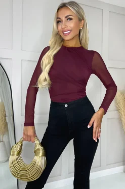 Plum Long Sleeve Pleat Detail Mesh Bodysuit