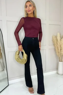 Plum Long Sleeve Pleat Detail Mesh Bodysuit