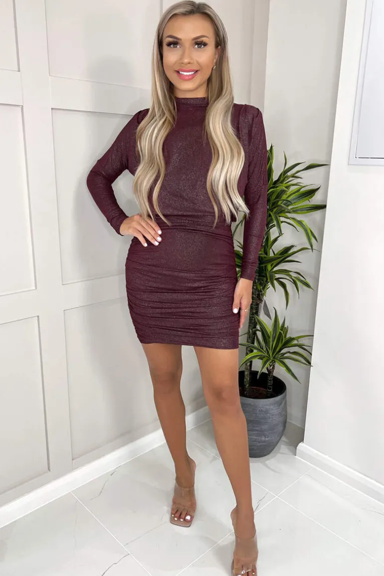Plum Long Sleeve Ruched High Neck Shimmer Bodycon Mini Dress