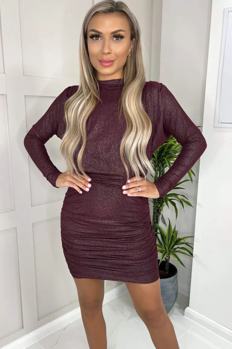 Plum Long Sleeve Ruched High Neck Shimmer Bodycon Mini Dress