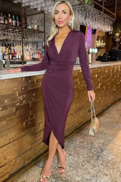 Plum Long Sleeve Wrap Midi Dress