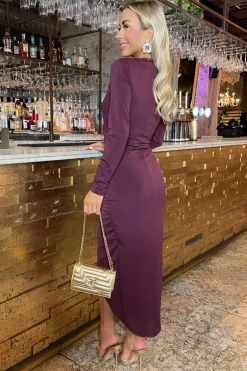 Plum Long Sleeve Wrap Midi Dress