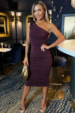 Plum One Shoulder Bodycon Ruched Midi Dress