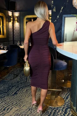 Plum One Shoulder Bodycon Ruched Midi Dress