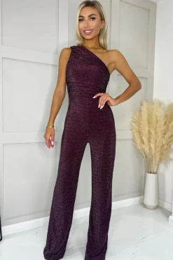 Plum One Shoulder Shimmer Jumpsuit