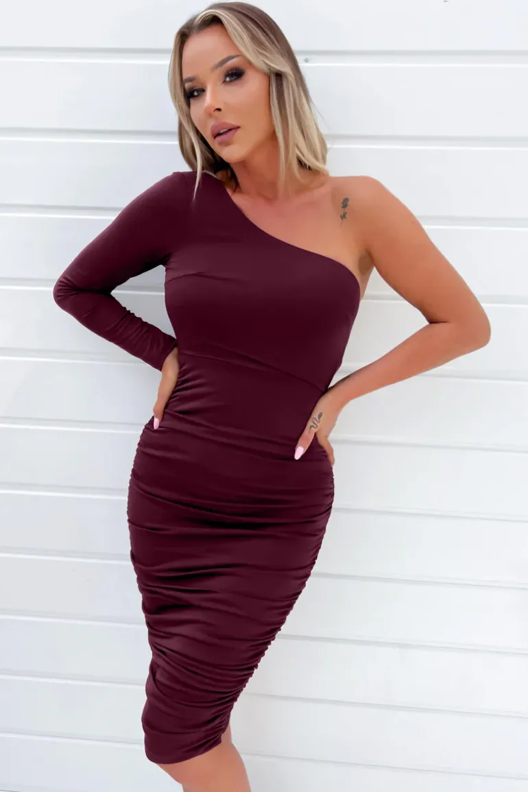 Plum One Sleeve Ruched Bodycon Midi Dress