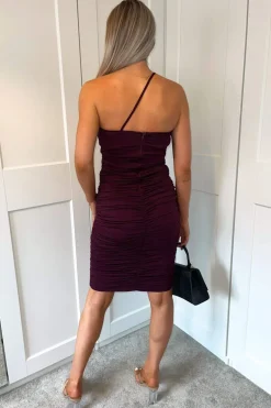 Plum One Strap Ruched Bodycon Dress