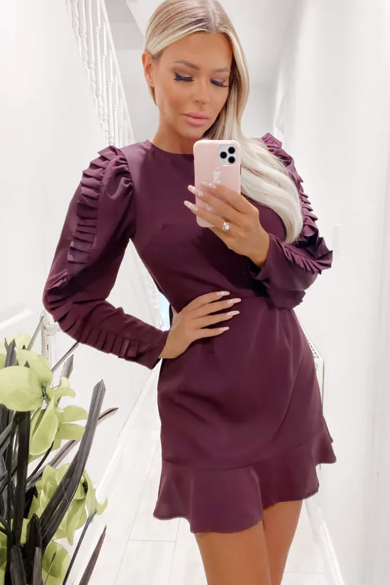 Plum Pleated Long Sleeve Skater Dress