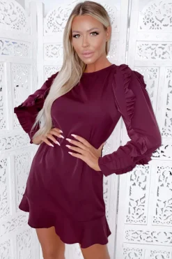 Plum Pleated Long Sleeve Skater Dress