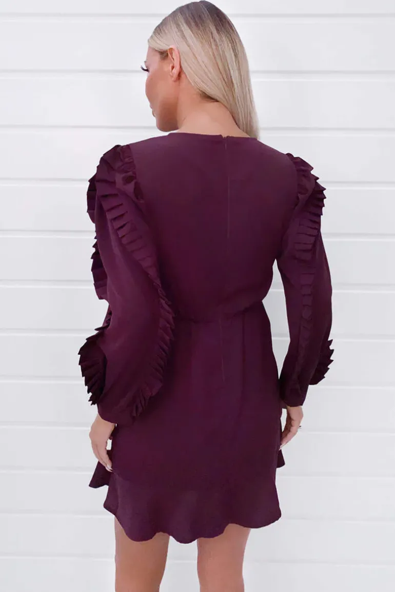 Plum Pleated Long Sleeve Skater Dress