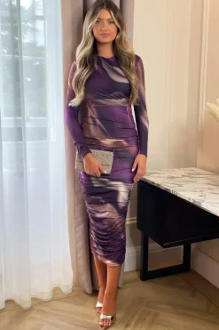 Plum Printed Long Sleeve Ruched Bodycon Midi Dress