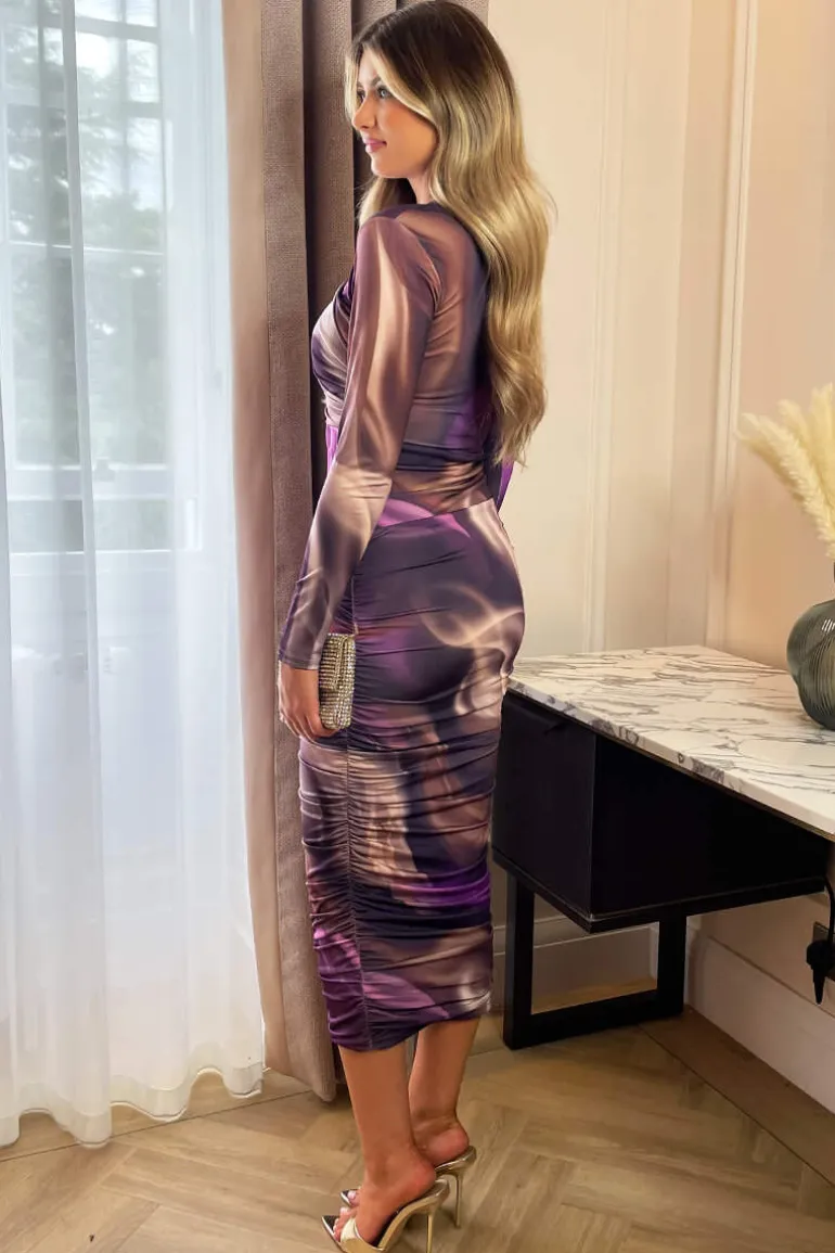 Plum Printed Long Sleeve Ruched Bodycon Midi Dress