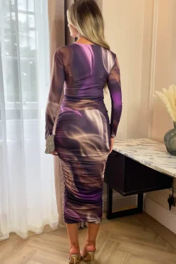 Plum Printed Long Sleeve Ruched Bodycon Midi Dress