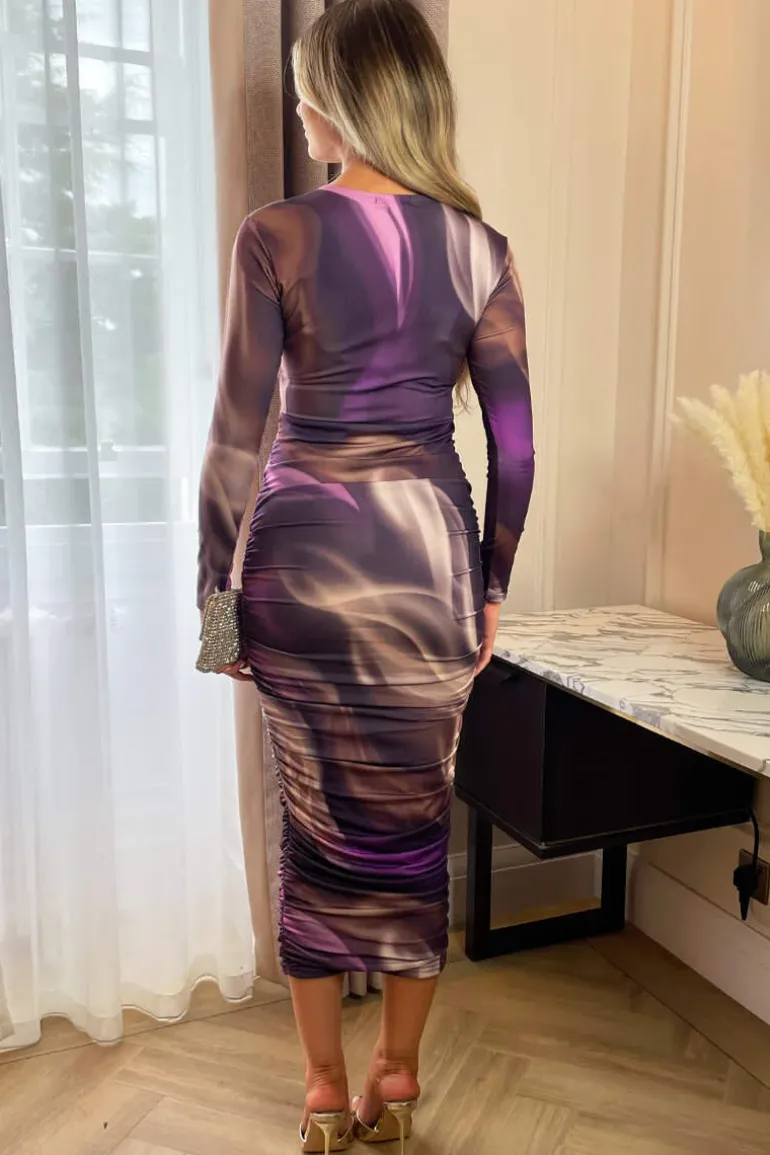 Plum Printed Long Sleeve Ruched Bodycon Midi Dress