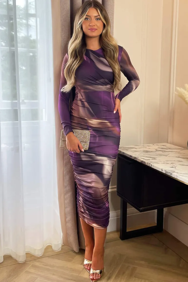 Plum Printed Long Sleeve Ruched Bodycon Midi Dress