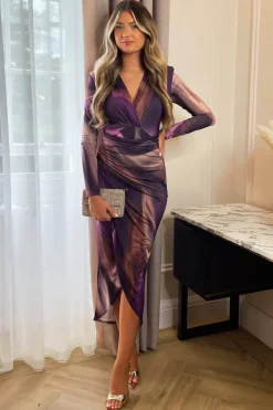 Plum Printed Long Sleeve Wrap Midi Dress