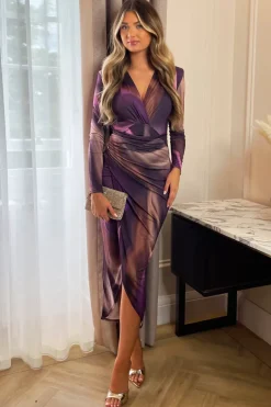 Plum Printed Long Sleeve Wrap Midi Dress