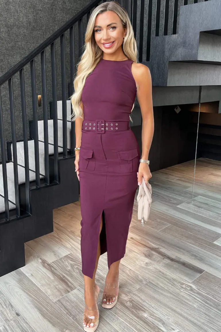 Plum Round Neck Belted Bodycon Cargo Midi Dress