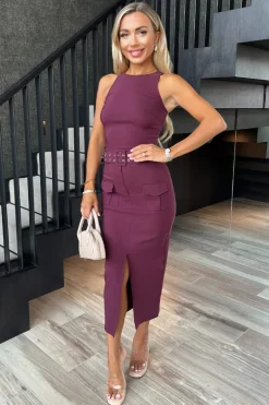Plum Round Neck Belted Bodycon Cargo Midi Dress