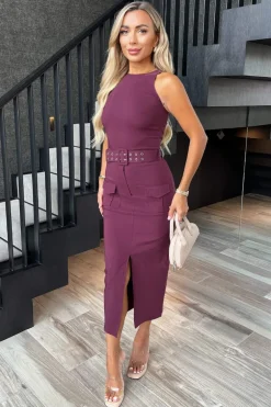 Plum Round Neck Belted Bodycon Cargo Midi Dress