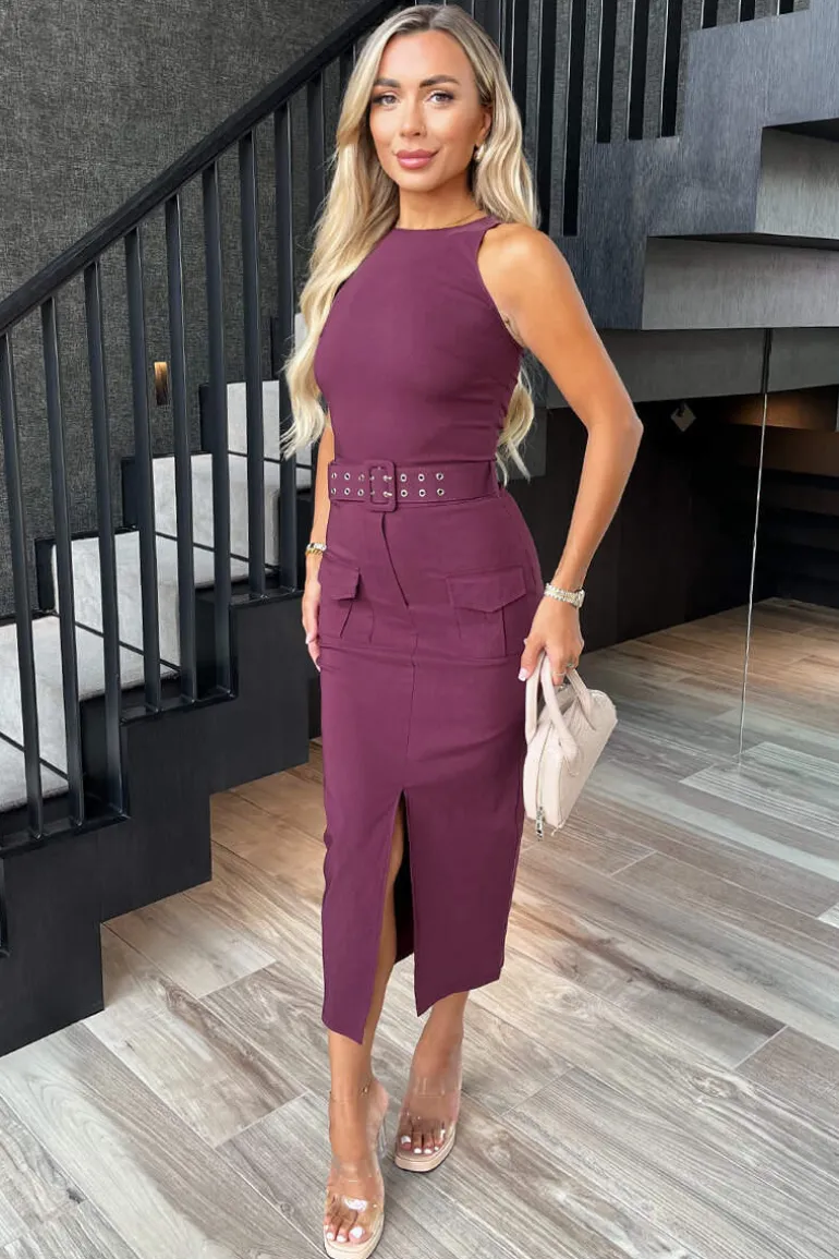 Plum Round Neck Belted Bodycon Cargo Midi Dress
