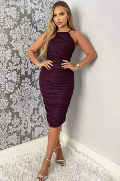 Plum Ruched Bodycon Shimmer Midi Dress