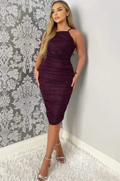 Plum Ruched Bodycon Shimmer Midi Dress