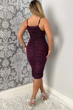 Plum Ruched Bodycon Shimmer Midi Dress