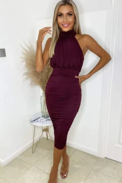 Plum Ruched Halter Neck Midi Dress
