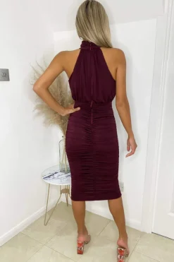 Plum Ruched Halter Neck Midi Dress