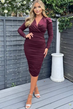 Plum Ruched Long Sleeve Cross Front Midi Dress