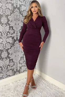 Plum Ruched Long Sleeve Cross Front Midi Dress