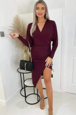 Plum Ruched Side Wrap Top Midi Dress