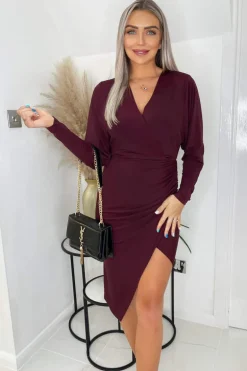 Plum Ruched Side Wrap Top Midi Dress