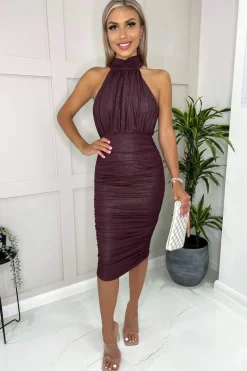 Plum Shimmer High Neck Ruched Bodycon Midi Dress