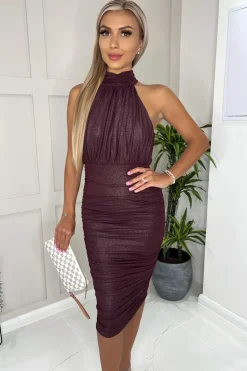 Plum Shimmer High Neck Ruched Bodycon Midi Dress