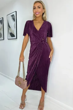 Plum Short Sleeve Plisse Wrap Midi Dress